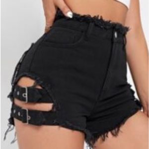 Ecru denim shorts with strap hem
